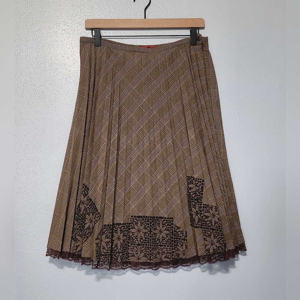Anthropologie Tapemeasure Floral Lace Pleated Plaid Midi Skirt Size 6 Academia